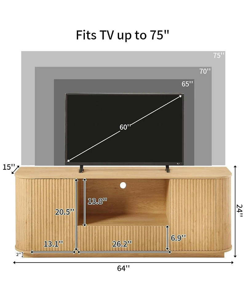 Rainsken 64" Mid Century Modern Fluted Tv Stand, Entertainment Center with 2 Doors, 1 Drawer and Open Shelf for Living Room