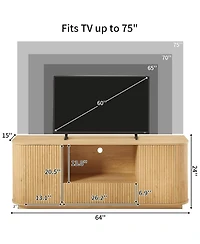 Rainsken 64" Mid Century Modern Fluted Tv Stand, Entertainment Center with 2 Doors, 1 Drawer and Open Shelf for Living Room
