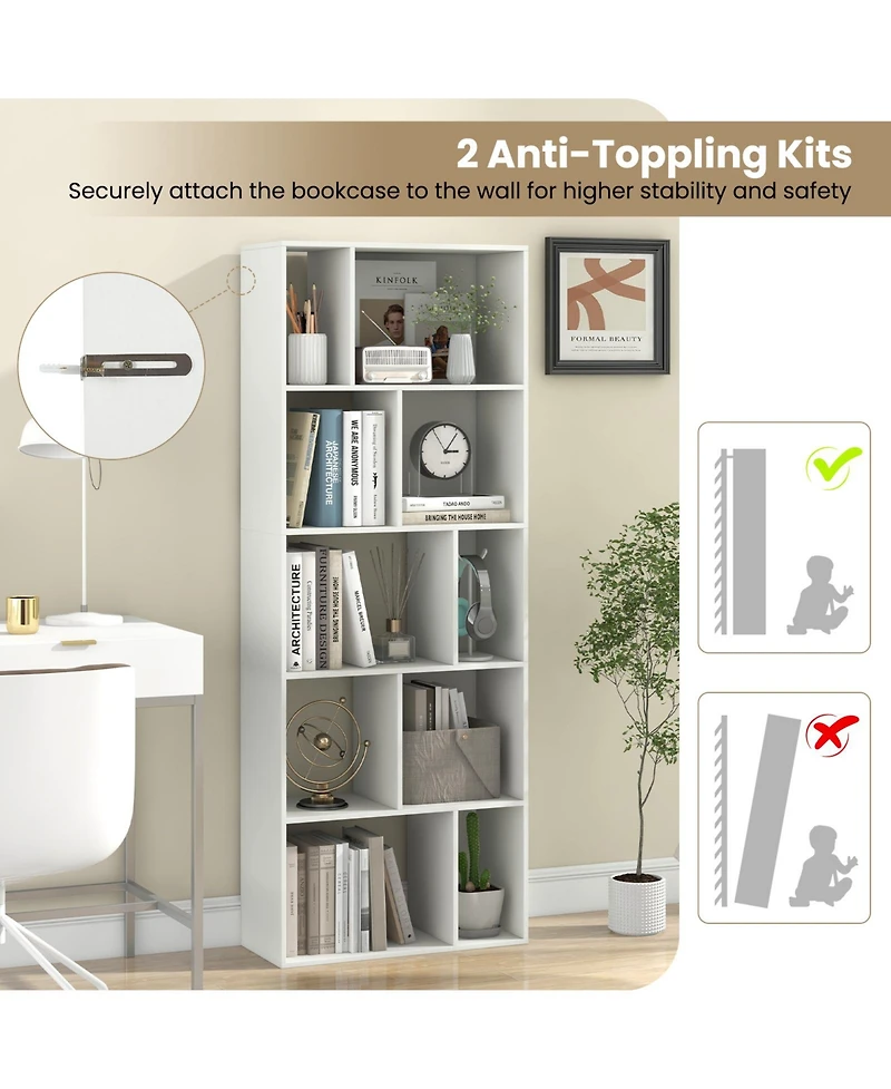 Slickblue 63 Inch 5-Tier Geometric 10-Cube Bookshelf Tall Bookcase