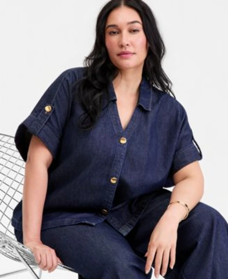 I.N.C. International Concepts Plus Size Button Front Denim Shirt Wide Leg Jeans Macys Exclusive