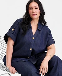 I.N.C. International Concepts Plus Size Button Front Denim Shirt Wide Leg Jeans Macys Exclusive