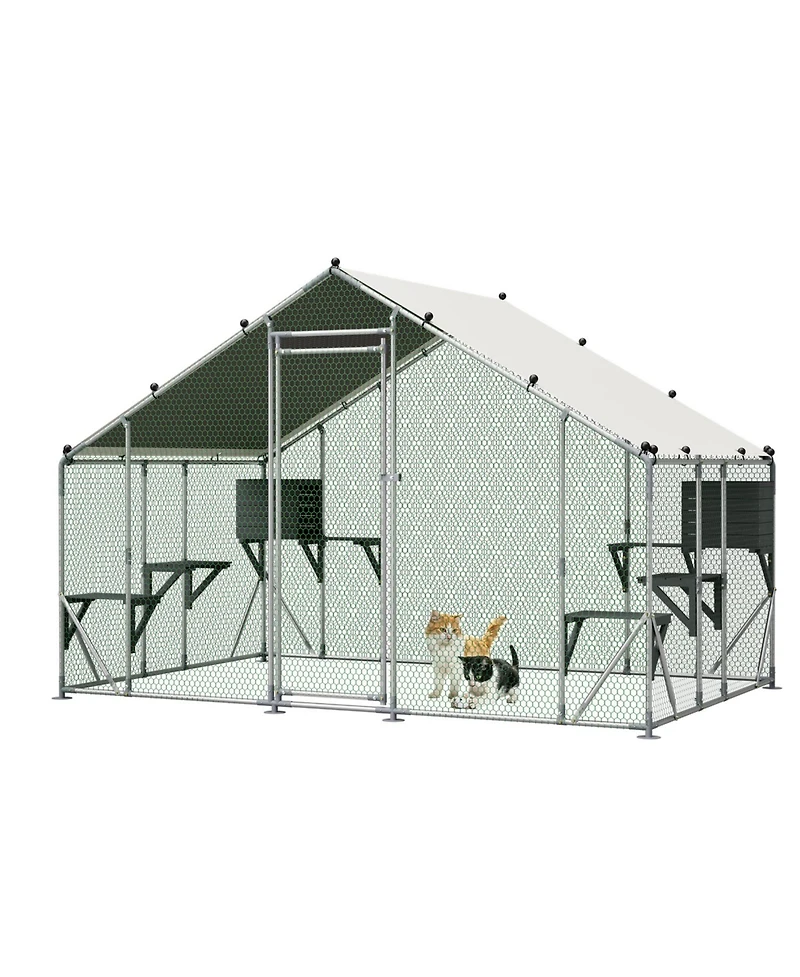Zeus and Ruta 3 x 2/6 m Outdoor Metal Cat Cage With Diy Solid Wood Platform Double Safety Lock and Waterproof Tarp