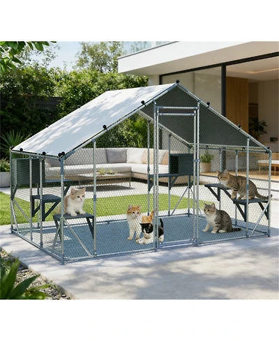 Zeus and Ruta 3 x 2/6 m Outdoor Metal Cat Cage With Diy Solid Wood Platform Double Safety Lock and Waterproof Tarp