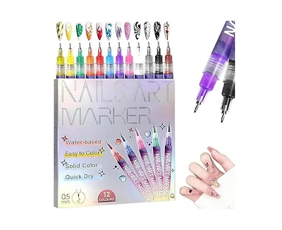 JDiction Diy Nail Art Pens (12 Colors) with 0.5mm Fine Tip, Water-Based Nail Art Markers for Home and Salon Use, Ideal for Nail Decor and Crafting