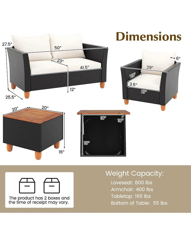 4 Pcs Wicker Patio Furniture Set with Removable Cushions Storage Coffee Table