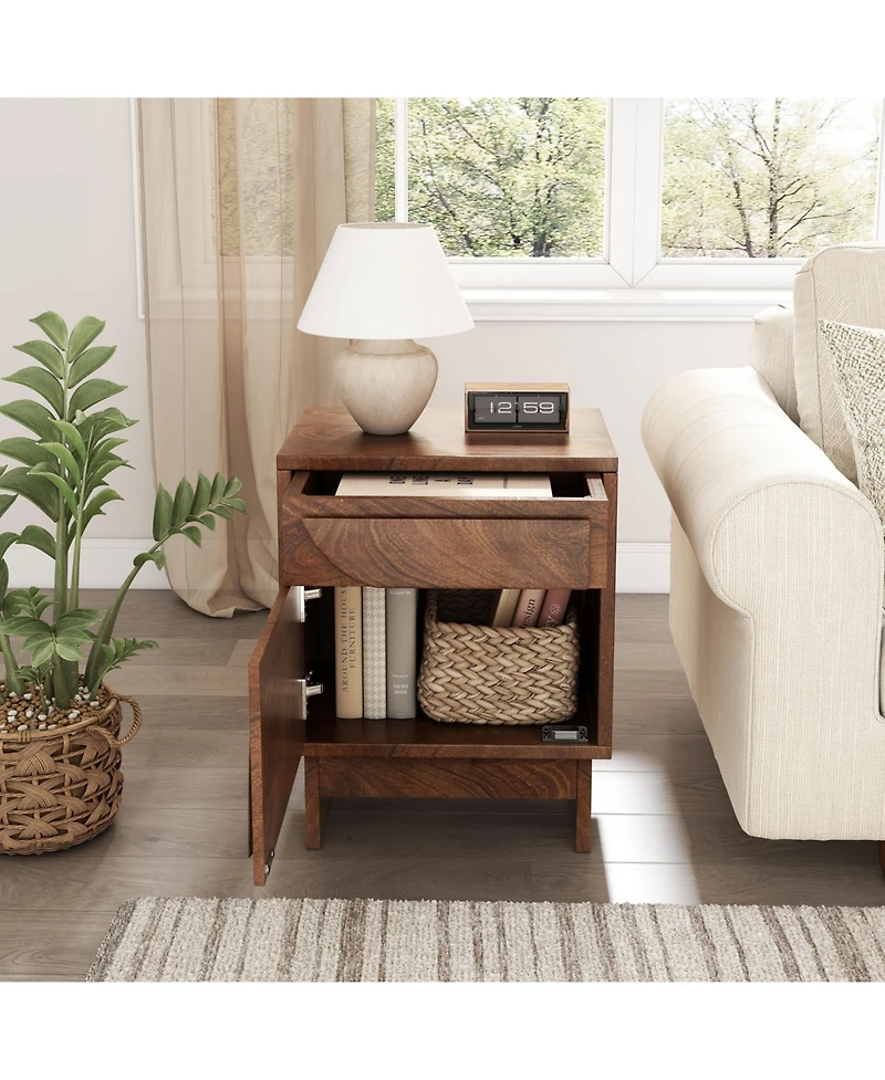 Flynama Elegant Modern Wooden Nightstand with 1 Drawers Walnut Finish Bedside Table for Bedroom Living Room