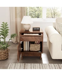 Flynama Elegant Modern Wooden Nightstand with 1 Drawers Walnut Finish Bedside Table for Bedroom Living Room