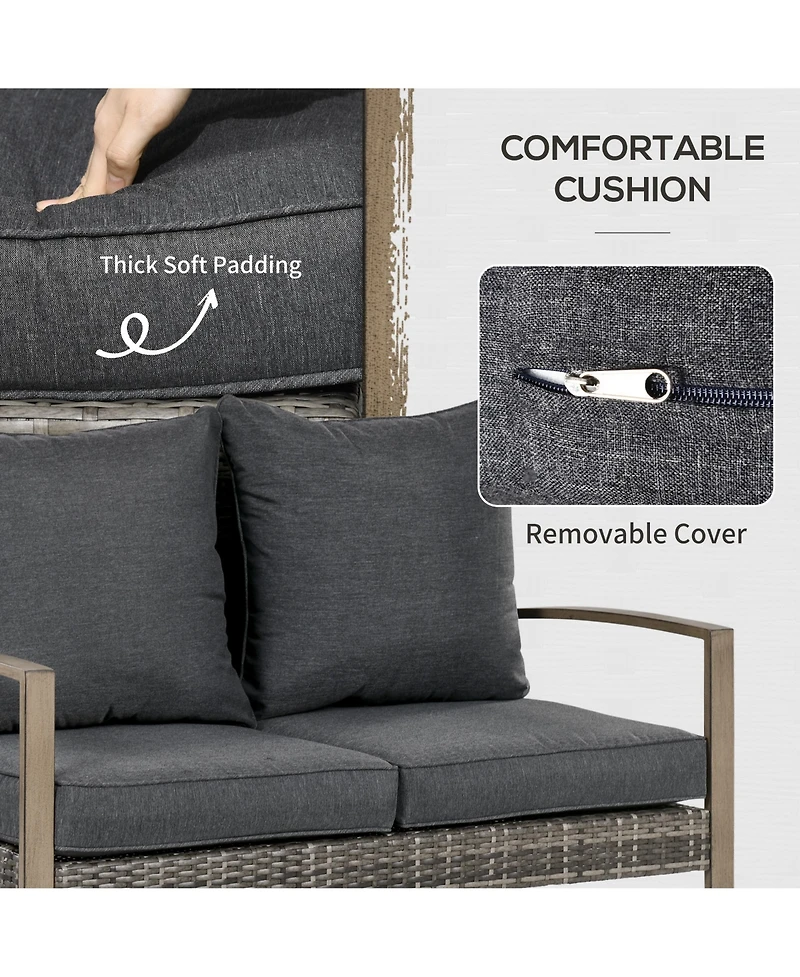 Outsunny Patio Furniture Set, 4 Piece Outdoor Rattan Conversation Set with 2 Armchairs, Cushions, Loveseat Sofa & Coffee Table for Porch, Poolside