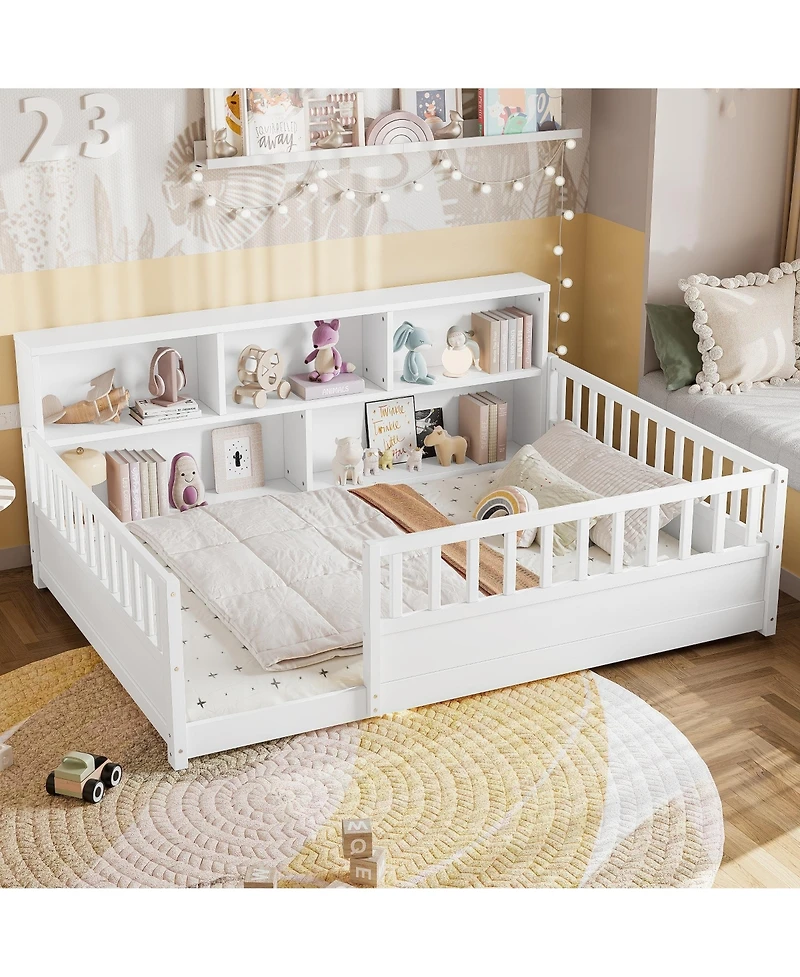 Rainsken Full Size Montessori Floor Bed Frame, Low Profile Wooden Bed with Bookcase Storage and Safety Guardrails for Boys and Girls