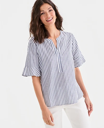 Style & Co Petite Y-Neck Ruffle Short-Sleeve Cotton Top, Macy's Exclusive