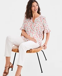 Style & Co Women's Printed Cotton Split-Neck Popover Top, Macy's Exclusive
