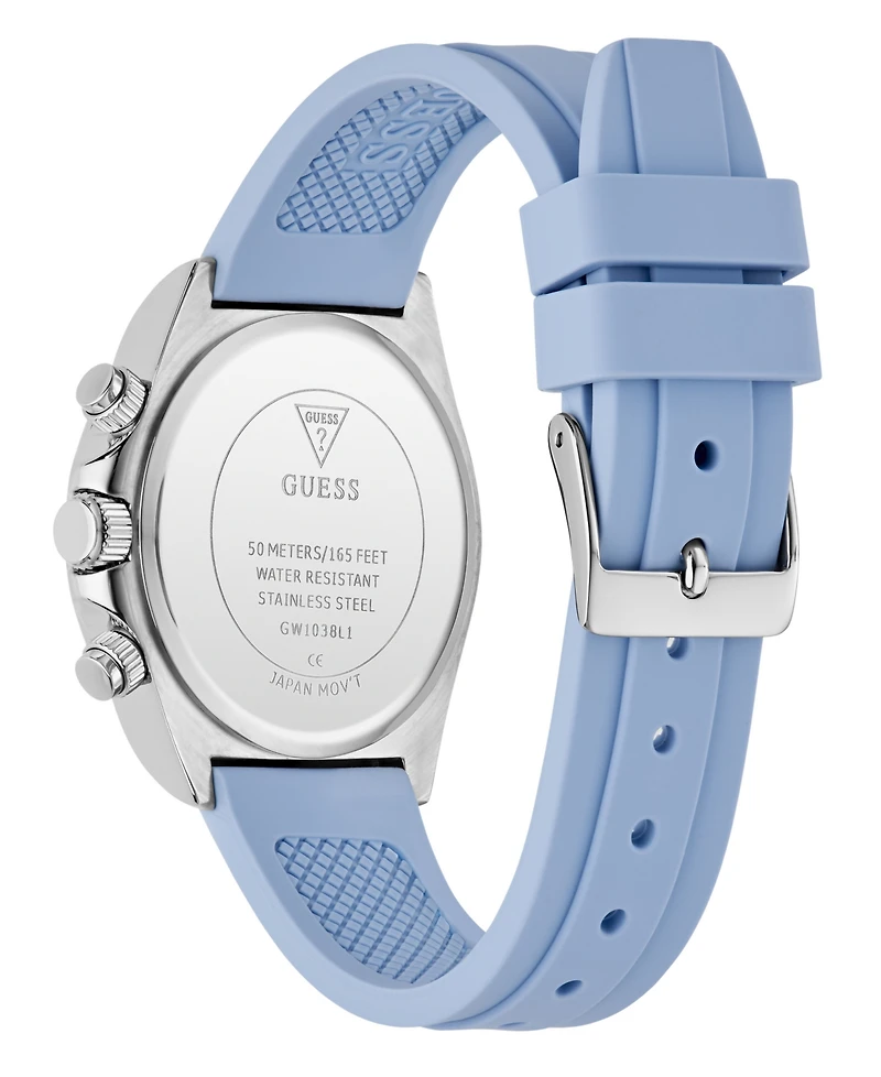 Guess Women's Silver-Tone Sky Blue Silicone Multi-Function Watch, 36mm