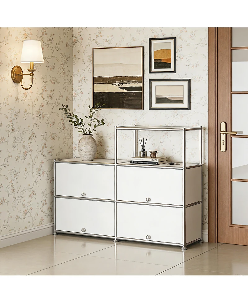 Mega Casa Multi-Purpose Storage Cabinet with Double Drawers and Open Display Shelf, Modern Metal Frame Console for Entryway or Living Room