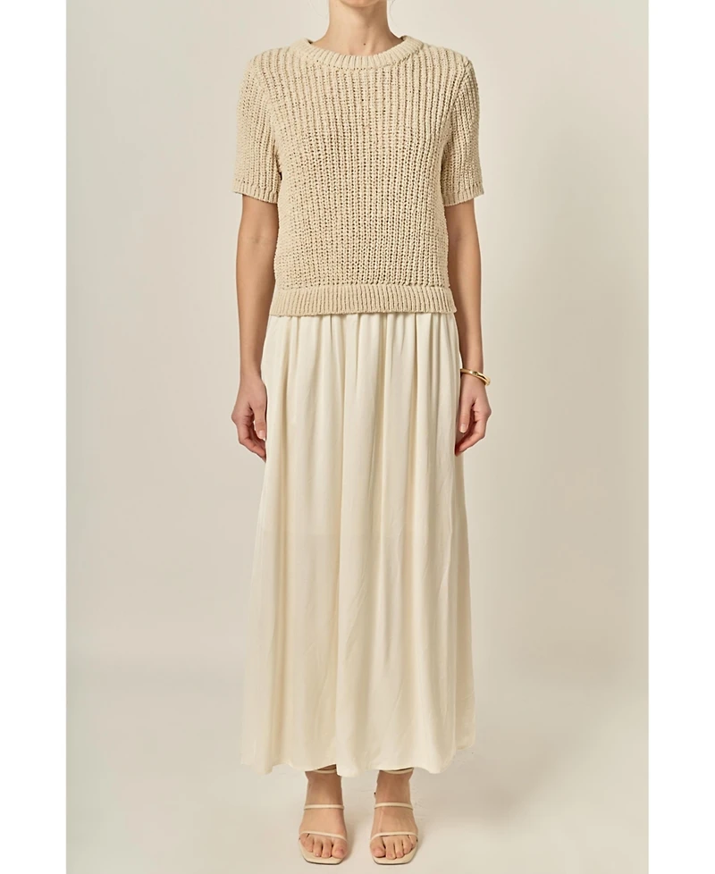 English Factory Women's Satin Contrast Mixed Media Midi Dress