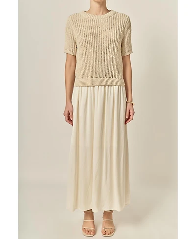 English Factory Women's Satin Contrast Mixed Media Midi Dress