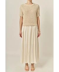 English Factory Women's Satin Contrast Mixed Media Midi Dress