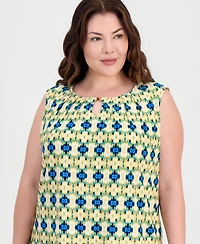 Kasper Plus Keyhole-Cutout Pleated-Neck Top