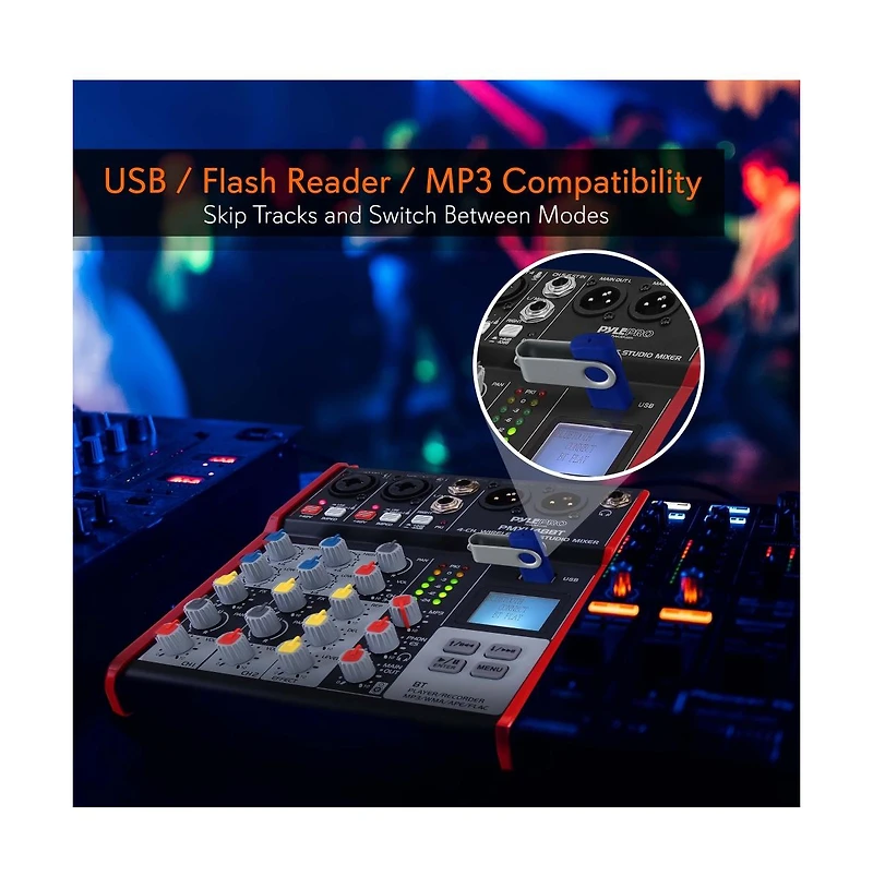 Pyle 4-Ch. Bluetooth Studio Dj Mixer System with Usb Interface and Lcd Display (PMXU48BT)