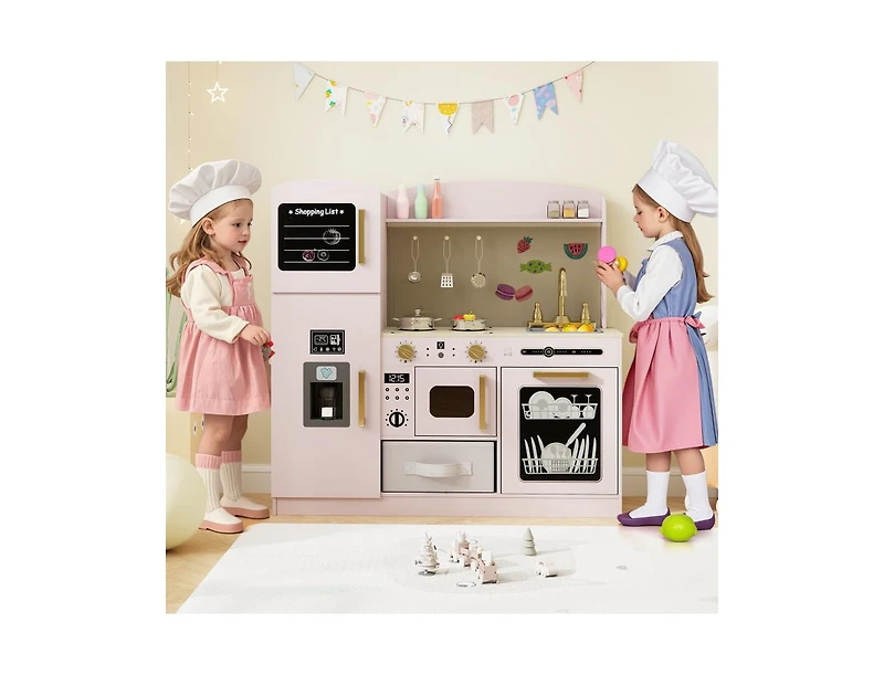 Hongge Wooden Kids Kitchen Playset with Chalkboard, Ice Maker, Sink, Microwave.