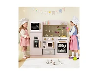 Hongge Wooden Kids Kitchen Playset with Chalkboard, Ice Maker, Sink, Microwave.