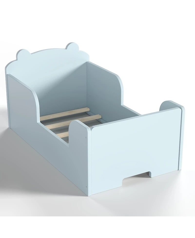 Rainsken Twin Size Wood Kids Floor Platform Bed Frame, Toddler Bed with Safety Guardrails and Bear-Shaped Headboard for Boys and Girls Ages 3-6