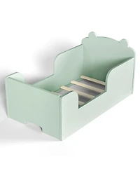 Rainsken Twin Size Wooden Kids Floor Bed, Platform Bed Frame with Safety Guard Rails and Adorable Bear Headboard for Toddler Boys and Girls Ages 3-6