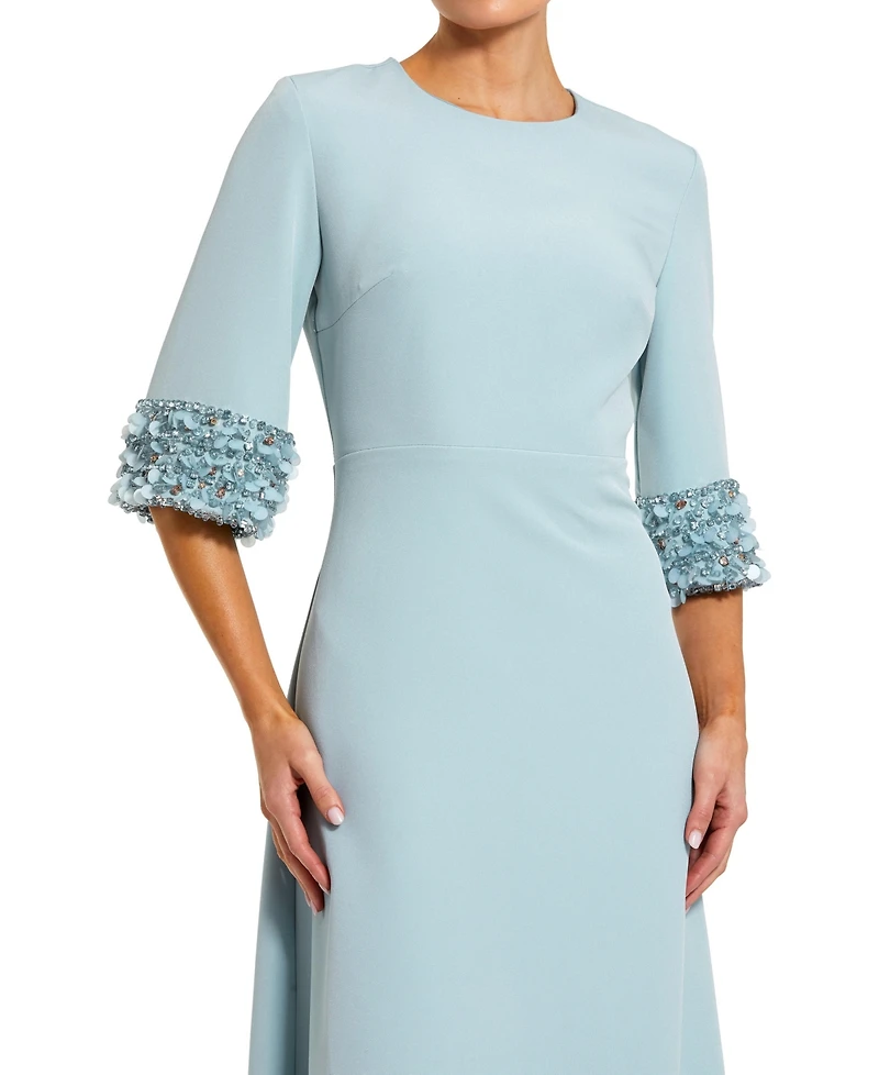 Mac Duggal Women's A-Line Crepe Gown with Embellished Three-Quarter Sleeves