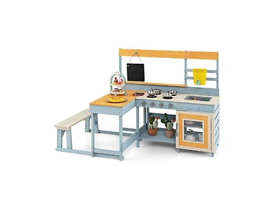Hongge Fir Wood Play Kitchen with Picnic Table and Built-in Bench for Kids