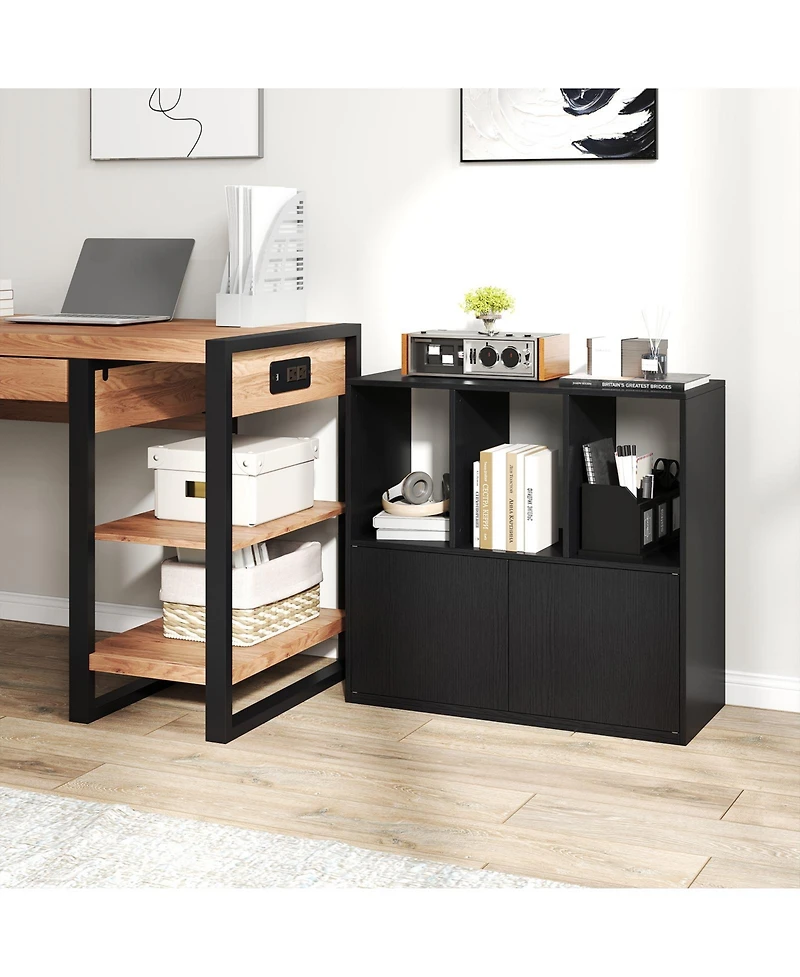 Slickblue 3-Cube Bookcase with Doors 3-Tier Cubic Bookshelf Open Compartments