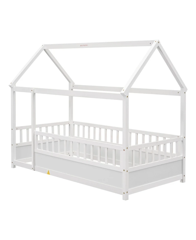 flynama Twin Size Wood Floor Bed House Roof Frame Fence Guardrails Pine Wood