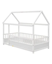 flynama Twin Size Wood Floor Bed House Roof Frame Fence Guardrails Pine Wood