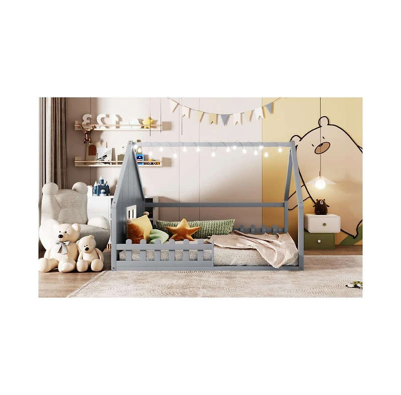 flynama Full Size Wood House Bed Window Fence
