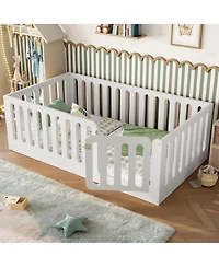 Rainsken Twin Size Floor Bed, Solid Wood Kids Bed Frame with High Fence and Door, Modern Low-Profile Design for Boys Girls, No Box Spring Required