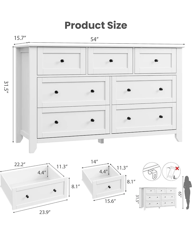 gaomon 7 Drawer Dresser for Bedroom, 54" Wide with Deep Drawers and Metal Knobs, Modern Large Wooden Chests of Entryway