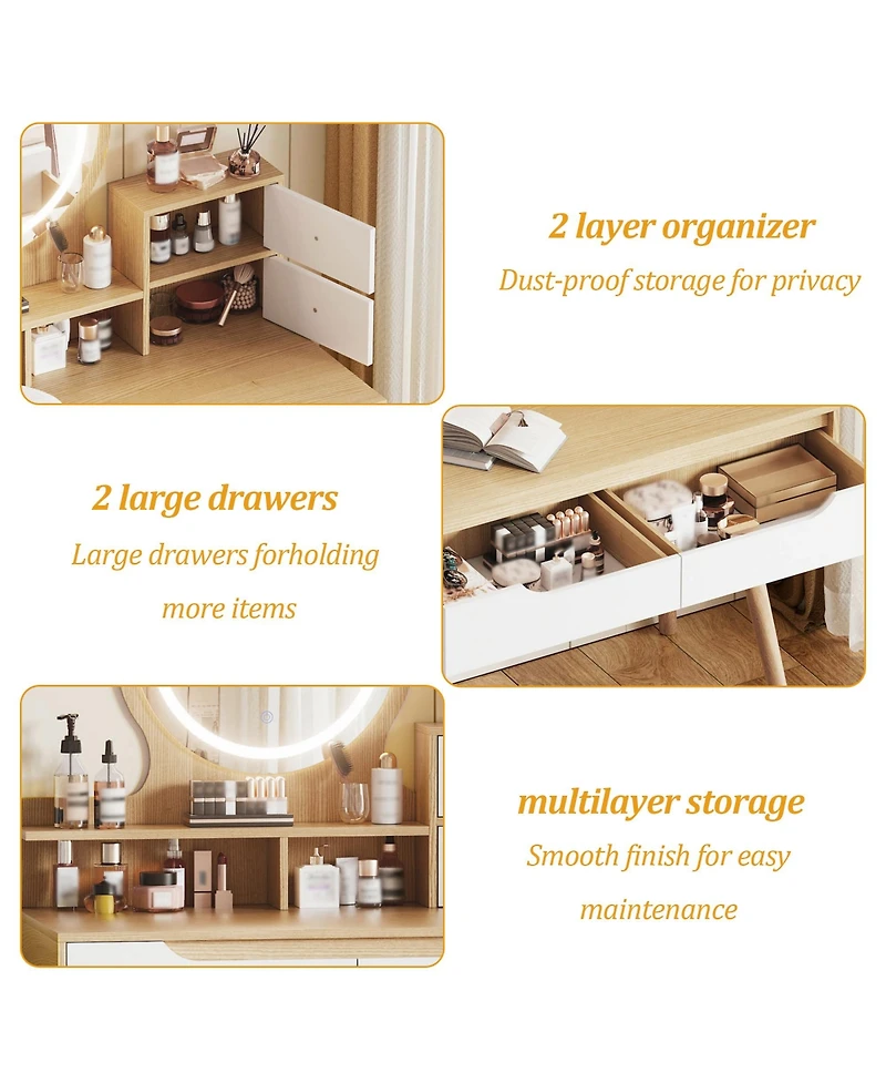 Rainsken Makeup Vanity Desk with Adjustable Lighted Mirror, Dressing Table with Solid Wood Table feet, 3 Open Shelves and 2 Large Drawers for Bedroom