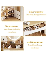 Rainsken Makeup Vanity Desk with Adjustable Lighted Mirror, Dressing Table with Solid Wood Table feet, 3 Open Shelves and 2 Large Drawers for Bedroom