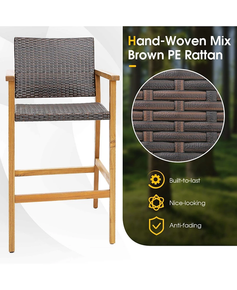 sumyeg Set of 2 Outdoor Pe Wicker Bar Chairs with Acacia Armrests