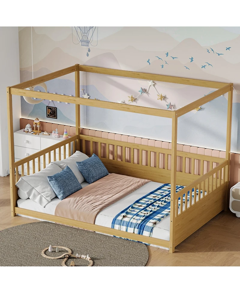 flynama Wooden Canopy Floor Bed With Guardrails Four Poster Design Natural For Kids