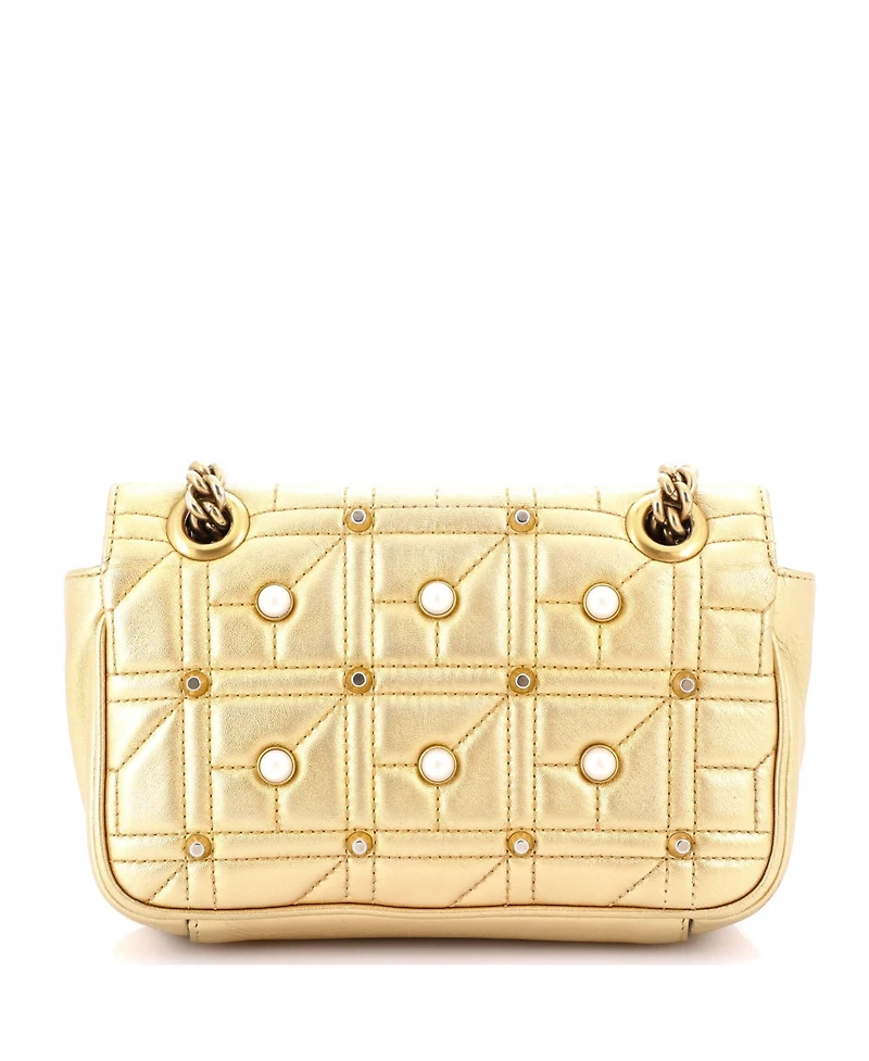 Pre-Owned Gucci Mini Pearly Gg Marmont Flap Bag Embellished Matelasse Leather