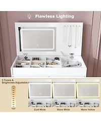 Rainsken Flip Top Vanity Desk, Makeup Vanity Table with Led Lighted Mirror, Built-in Outlet, 2 Drawers, Open Storage and Hooks for Jewelry