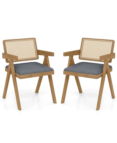 Sugift Set of 2 Rattan Accent Chairs with Padded Cushion and Rubber Wood Frame