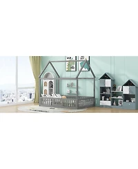 flynama Wood House Bed With Fence Door Gray Distressed Washed Pine Wood Mdf