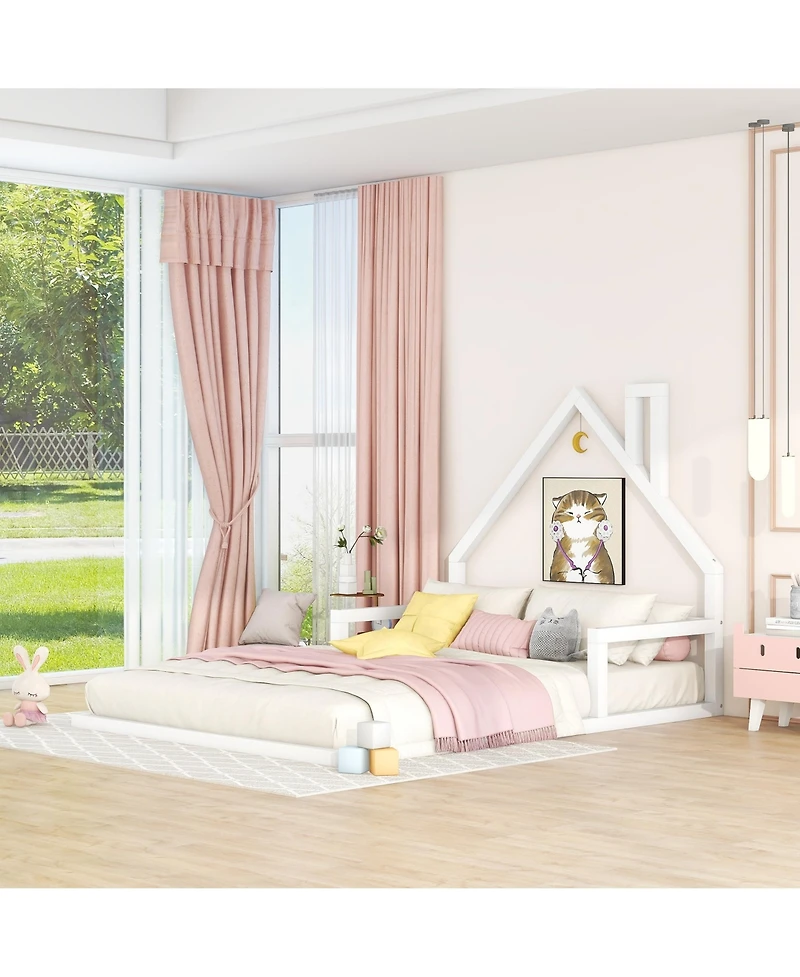 flynama Wood Floor Bed House Shaped Headboard White Pine Mdf No Box Spring