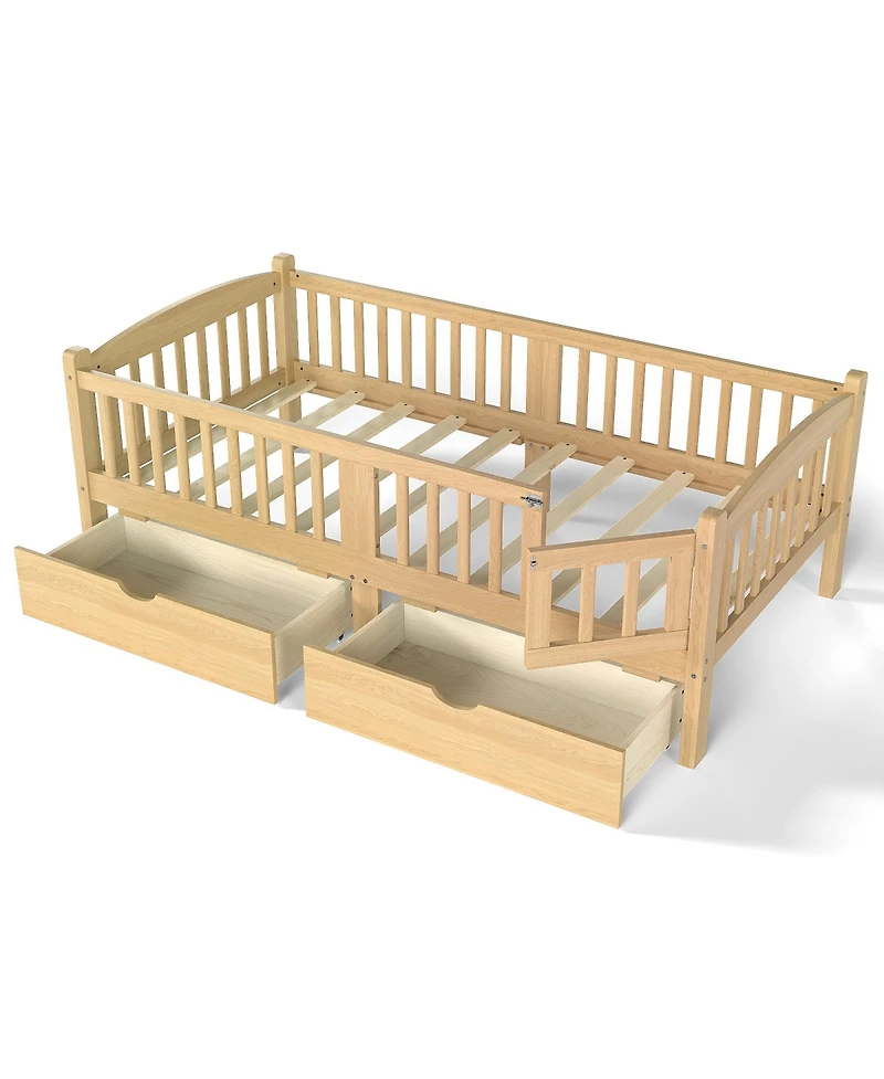 Rainsken Wood Low Bed Frame, Kids Platform Bed with Storage Drawers and Full-Length Guardrails for Children, No Box Spring Needed