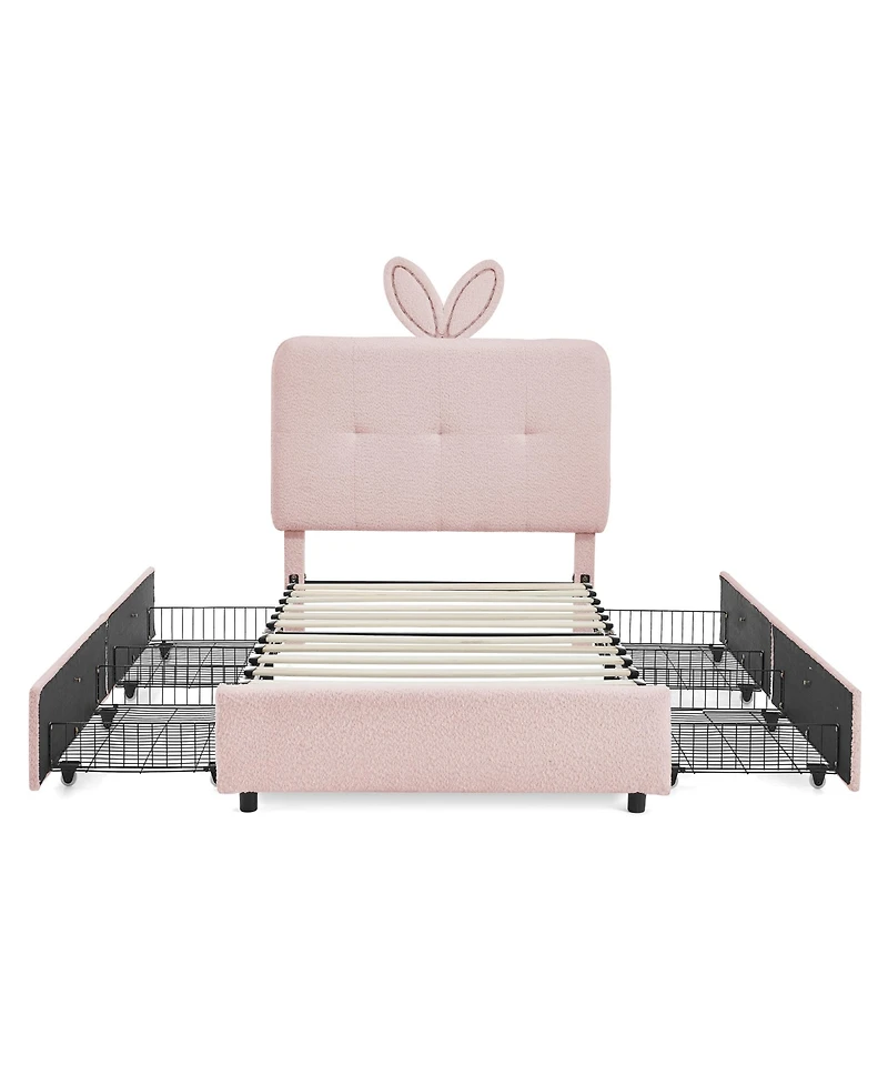 Rainsken Kids Upholstered Bed Frame, Boucle Platform Bed with 4 Storage Drawers, Led Light and Rabbit Ear Shaped Headboard for Boys Girls