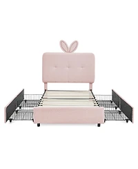 Rainsken Kids Upholstered Bed Frame, Boucle Platform Bed with 4 Storage Drawers, Led Light and Rabbit Ear Shaped Headboard for Boys Girls