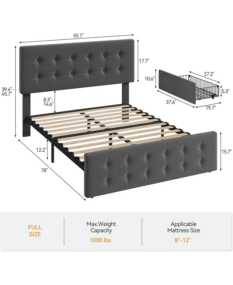 gaomon Full Size Bed Frame with 4 Storage Drawers, Linen Upholstered Headboard, Button Tufted, No Box Spring