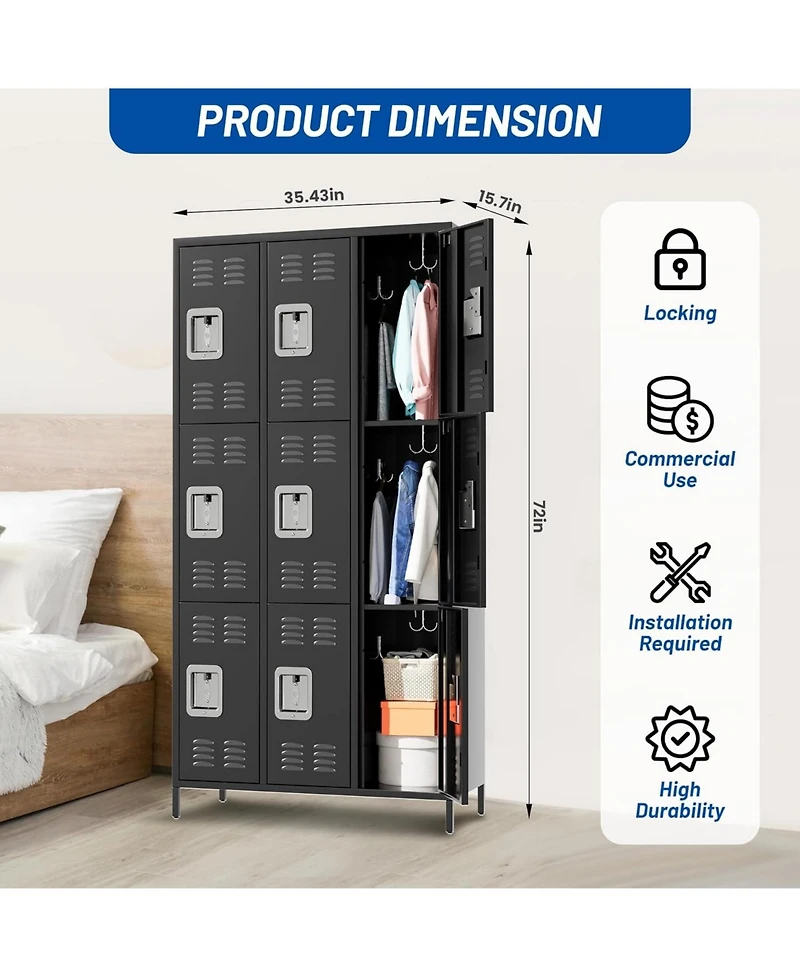 gaomon 72" Metal Storage Cabinet with 9 Doors, Office Locker with 27 Hooks & 9 Shelves, Steel Employee Storage Locker