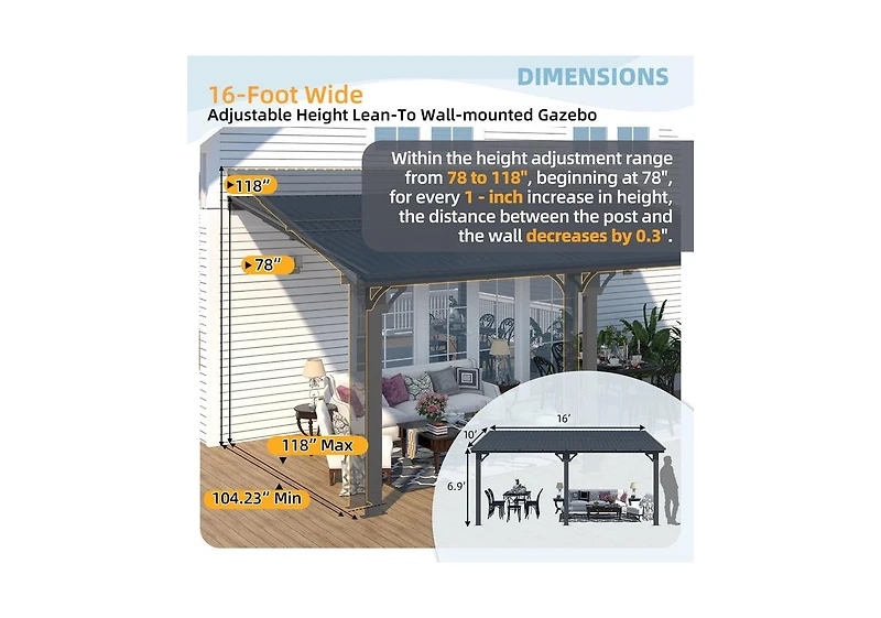 Aecojoy 16x10 Outdoor Hardtop Gazebo Adjustable Height (6.5-9.8Ft) Pergola for Patio