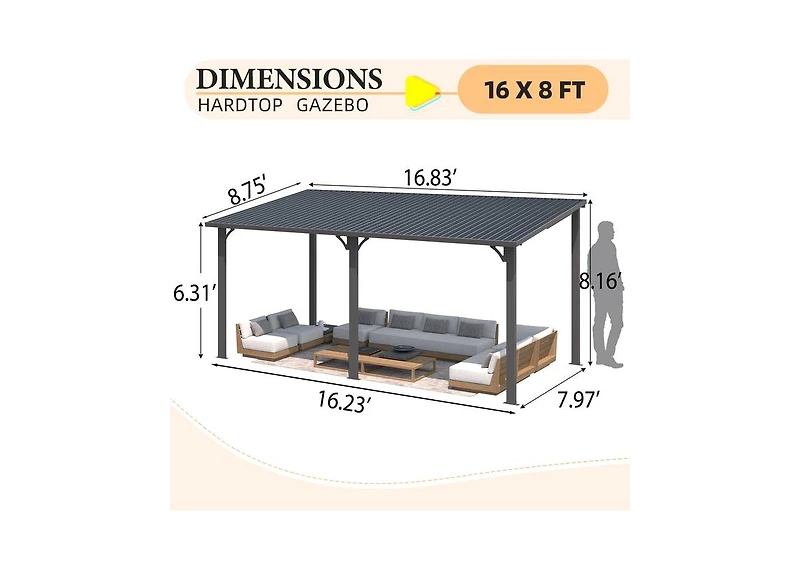 Aecojoy 16' x 8' Hardtop Gazebo Outdoor Pergola Lean to Metal Pergolas